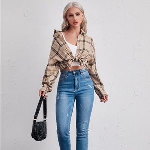 Brown Plaid Button Up Blouse